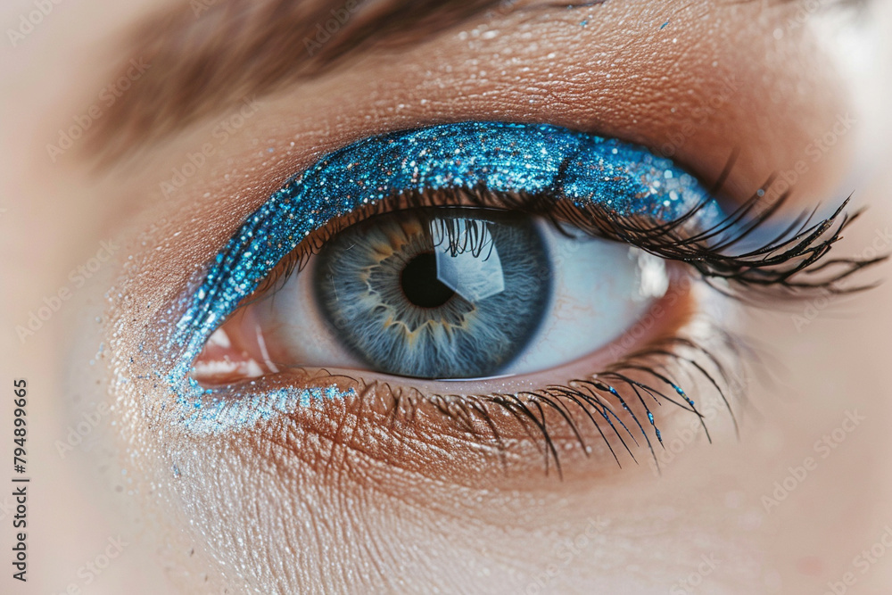 Fototapeta premium Close-Up of Sparkling Blue Eyeshadow on Eye