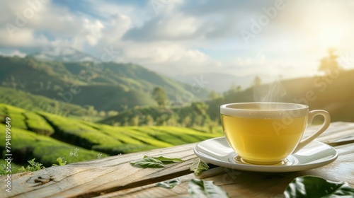 A cup of fresh green tea against the backdrop of a tea plantation on a sunny day with space for text