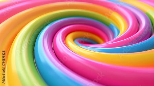   A tight shot of a spirally shaped  multihued lollipop against a pristine white backdrop