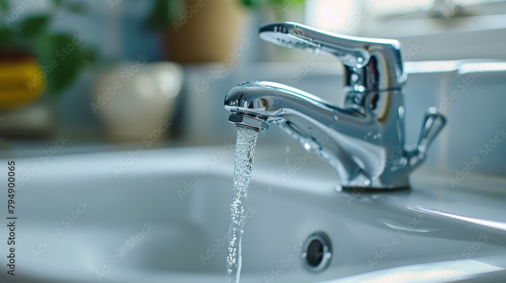   A tight shot of a faucet pouring water, with a potted plant visible in the backdrop