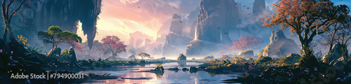 Beautiful Fantasy Landscape with Trees and Rocky Limestone Cliffs. Creative Natural Background with Reflective Lake. Panoramic Nature Concept. photo