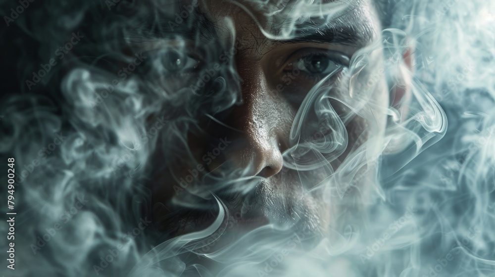 Close-up of a man's face obscured by swirling smoke Close-up of a man's face obscured by swirling smoke