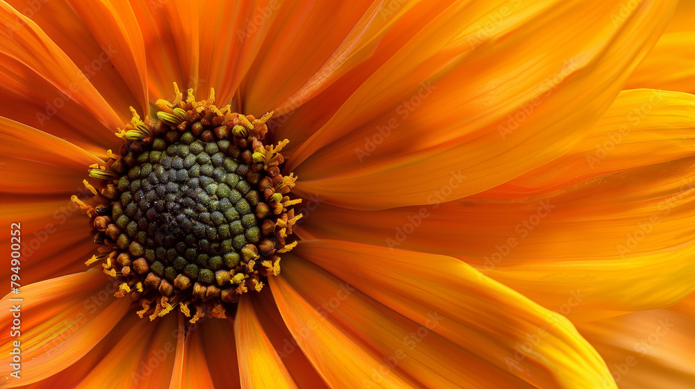 A closeup of a vibrant orange flower with a green center, part of the daisy family. This annual plant is a flowering plant with pollenrich petals, often used in cuisine
