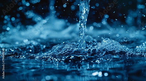  A tight shot of water cascading from a faucet into a body of water, generating bubbles at the surface