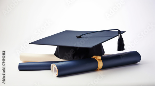 graduation cap and diploma on white