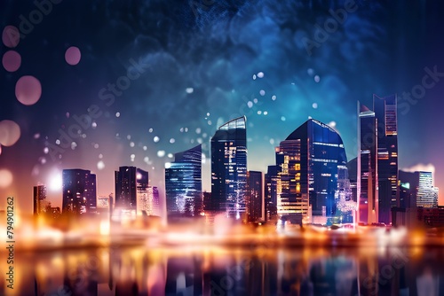 Blurred banner background of a modern city buildings cityscape at night with bokeh.