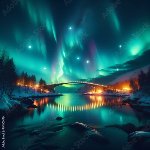 Beautiful Northern Lights aurora of the Nordic nature at night.