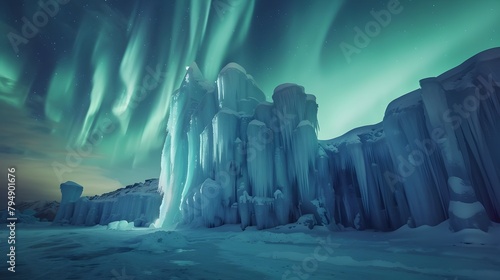 Majestic Ice Castle Illuminated by Vibrant Northern Lights in Remote Arctic Landscape
