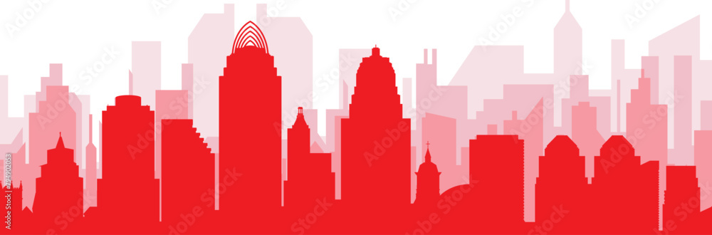 Red panoramic city skyline poster with reddish misty transparent background buildings of CINCINNATI, UNITED STATES
