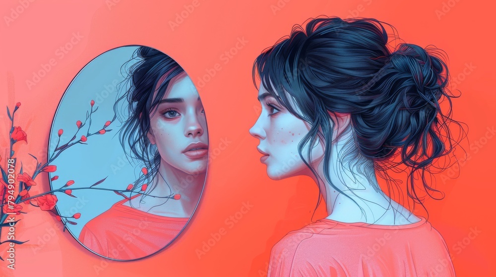 Hand drawn illustration of a young woman looking into the mirror at home, feeling puzzled and worried.