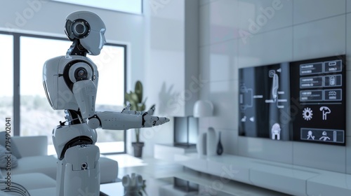 Futuristic robot in a modern minimalist living room interacting with digital interface