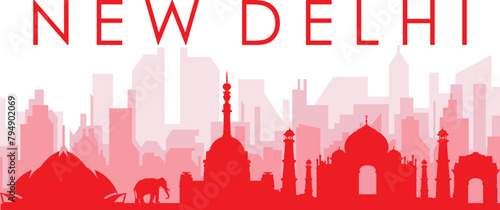 Red panoramic city skyline poster with reddish misty transparent background buildings of NEW DELHI, INDIA
