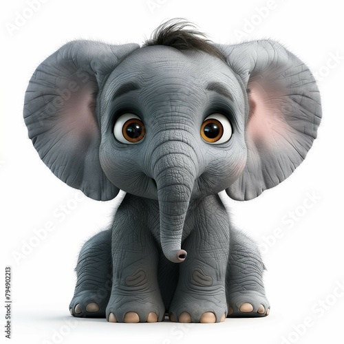 A cute baby elephant against a solid white background animation character design 3d rendering.
