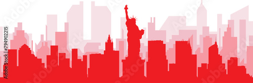 Red panoramic city skyline poster with reddish misty transparent background buildings of NEW YORK, UNITED STATES