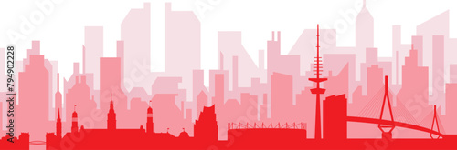 Red panoramic city skyline poster with reddish misty transparent background buildings of HAMBURG, GERMANY