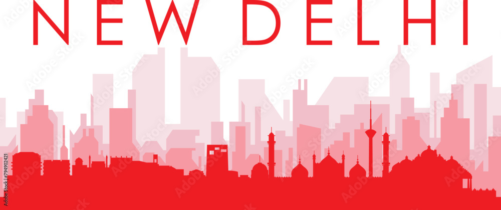 Red panoramic city skyline poster with reddish misty transparent background buildings of NEW DELHI, INDIA Red panoramic city skyline poster with reddish misty transparent background buildings of NEW DELHI, INDIA