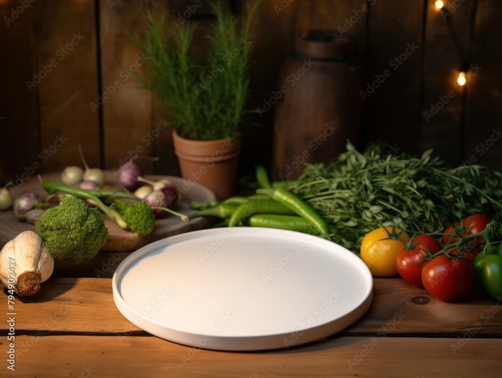 empty ceramic white plate with vegetables on a wooden table empty ceramic white plate with vegetables on a wooden table