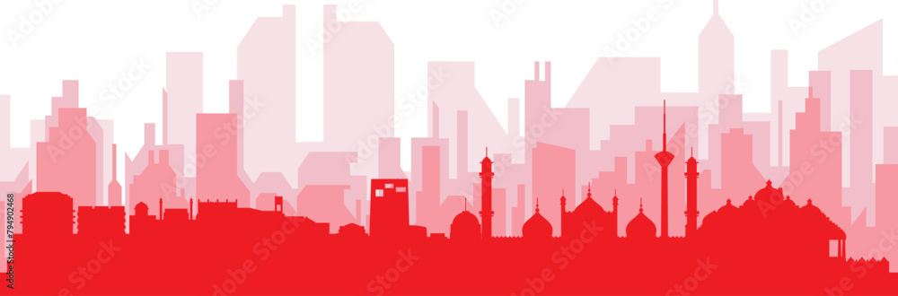 Red panoramic city skyline poster with reddish misty transparent background buildings of NEW DELHI, INDIA