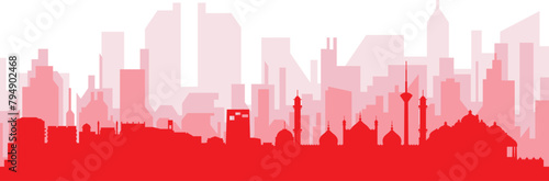 Red panoramic city skyline poster with reddish misty transparent background buildings of NEW DELHI, INDIA