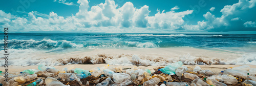 Idyllic tropical sandy beach contrasted by the upsetting presence of discarded plastic pollution