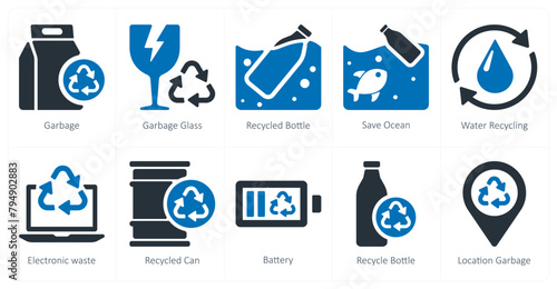 A set of 10 Ecology icons as garbage, garbage glass, recycled bottle