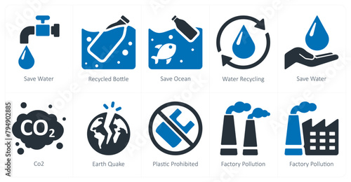 A set of 10 Ecology icons as save water, recycled bottle, save ocean
