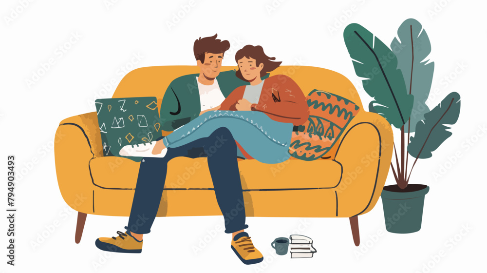 Cozy couple enjoying a serene moment together on the sofa
