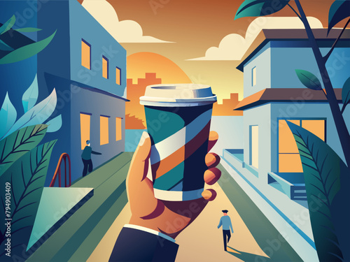 Coffee cup in hand on city street background. Vector illustration