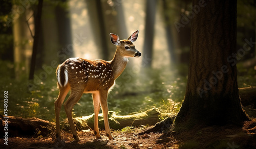 A graceful deer fawn standing amidst dappled sunlight in a peaceful forest clearing.