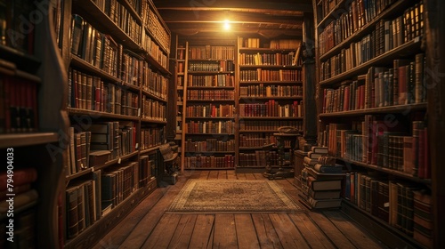 An antique bookstore interior, shelves filled with old books, warm lighting, a sense of history and knowledge. Resplendent.