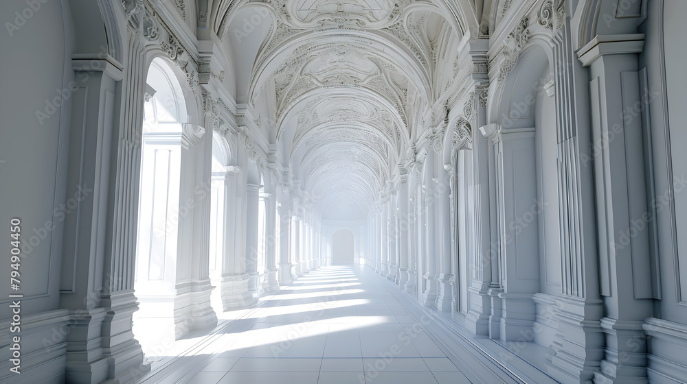 Fantasy white marble arches in fictional building. AI generative.
