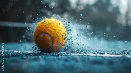 Macro tennis strike, yellow ball, blue dust, uncluttered background, photo