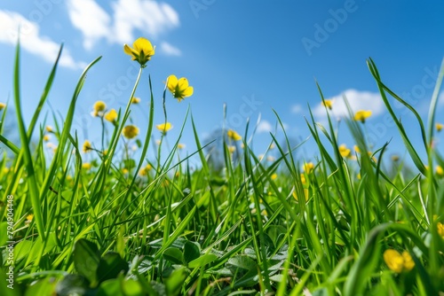 Vibrant green grass covers the field with scattered yellow flowers in bloom on a spring morning