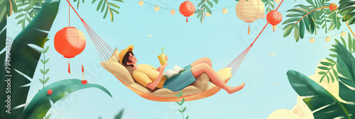 A graphic illustration depicts a woman relaxing in a hammock adorned with lanterns, deeply engrossed in her book amidst a serene environment