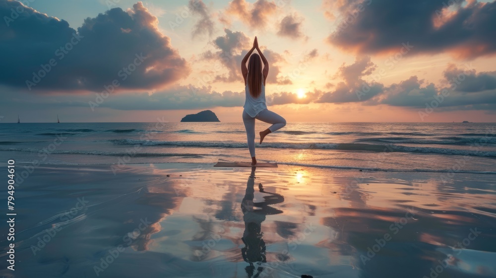 Lifestyle image of a young woman practicing yoga on a peaceful beach