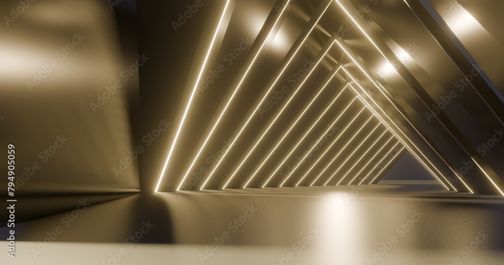Obraz premium Futuristic architecture background empty geometric interior with glowing lamps in dark tunnel 3d render