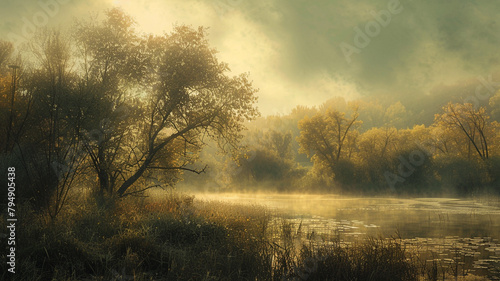 Soft, diffused light bathes the scene in a gentle glow, suffusing the landscape with an aura of quiet contemplation.