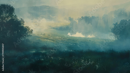 Soft, diffused light bathes the scene in a gentle glow, suffusing the landscape with an aura of quiet contemplation.
