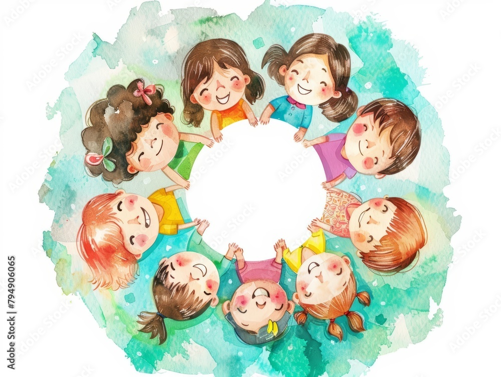 A circle of children sharing stories, their faces animated in soft watercolor hues, kawaii, bright water color A circle of children sharing stories, their faces animated in soft watercolor hues, kawaii, bright water color