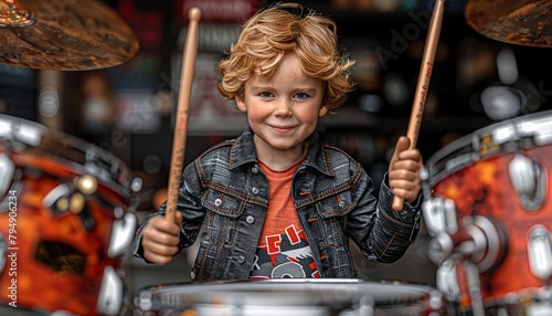 Boy musician behind a drum kit. 