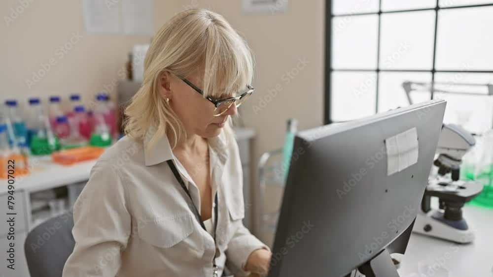 Stressed female scientist removes glasses in lab Stressed female scientist removes glasses in lab
