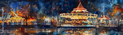 A festive carousel lights up the night, each turn painted in joyful water color, spinning tales of magic and laughter, bright water color