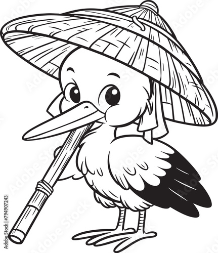 stork with bamboo hat vector