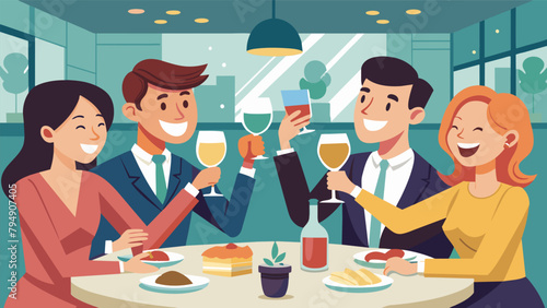 A group of friends laughs and clinks glasses at a fancy restaurant enjoying an expensive meal together.