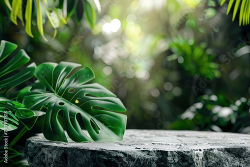 Stone podium table top floor on outdoors blur monstera tropical forest plant nature background.Organic healthy natural product placement pedestal display spring or summer jungle - generative ai