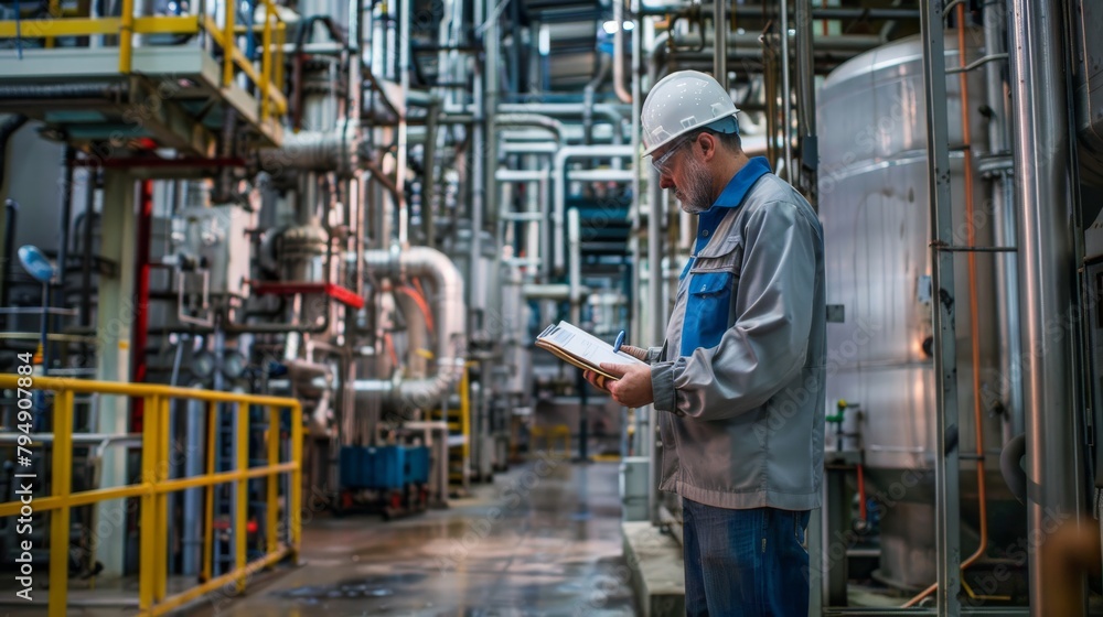 Safety inspector conducting a thorough examination of industrial equipment Safety inspector conducting a thorough examination of industrial equipment