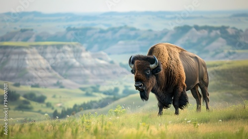 Majestic bison stands in a vast grassland, displaying strength and wilderness. Natural habitat scene perfect for wildlife themes. Ideal for educational and environmental projects. AI