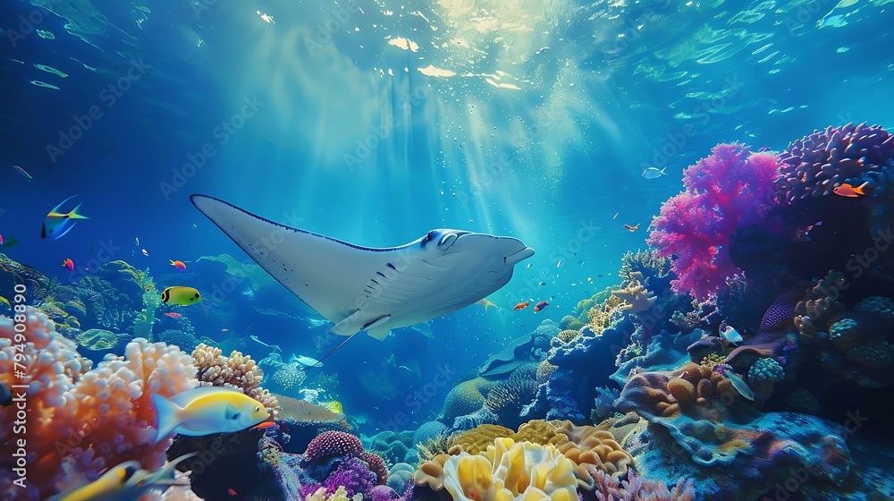 Fototapeta premium Big stingray Swim in the sea among colorful corals and little fish. The sun's rays pierce the sea from above.