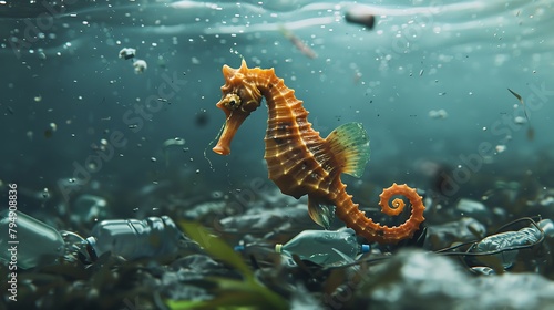 A lonely seahorse in water filled with trash and pollution. Generative Ai