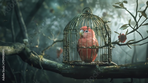 bird in cage A lovebird is separated from its lover and left alone. Inside the degraded forest. Generative Ai